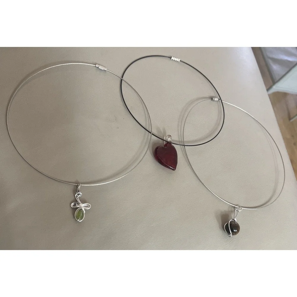 Lot of 3 Artisan Choker Necklaces & Pendants Tigers Eye Heart Glass Wire Cross